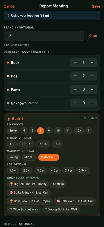 Report Sighting screen with counts for bucks, does, fawns and unknown, and rack points and maturity for a buck